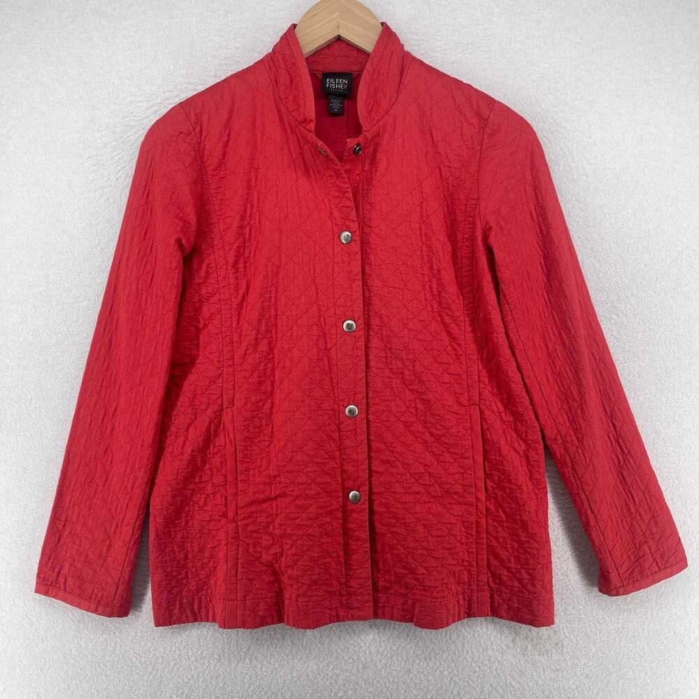 EILEEN FISHER Jacket PP Petite Organic Cotton Snap Front Quilted Mandarin Red - Picture 1 of 13